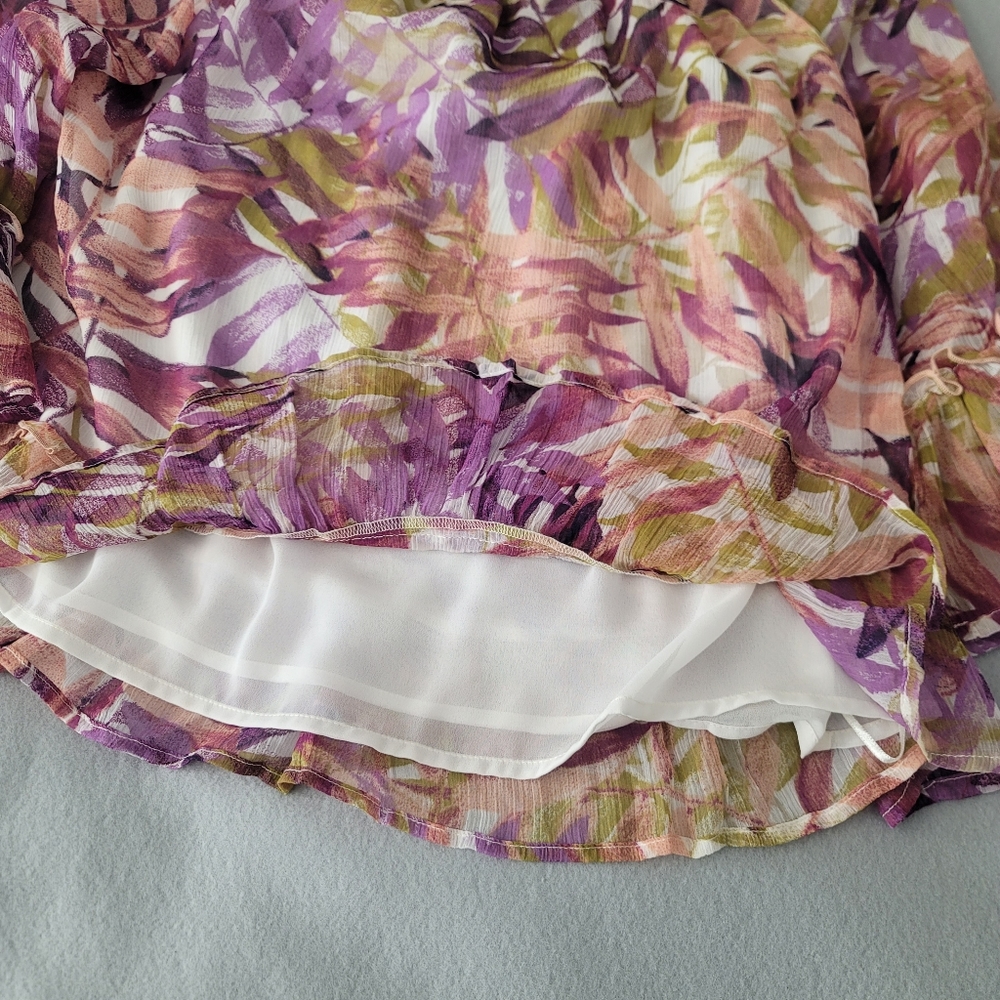 Lucky Brand Botanical Chiffon Blouse Women's Size L Tiered Sleeves & Hem Lined - Picture 4 of 11